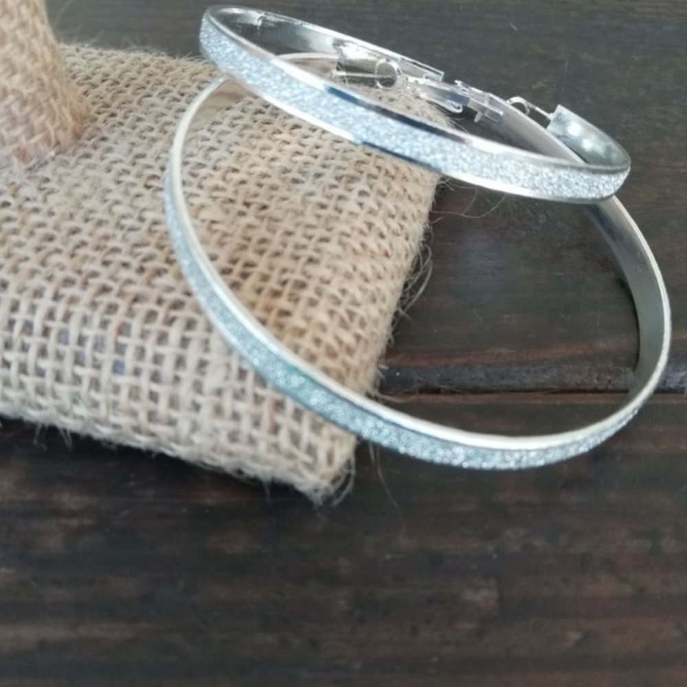 SILVER LARGE DIAMOND PAVE HOOPS - Picture 3 of 4